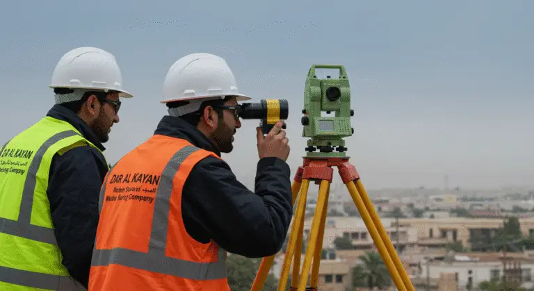 مهندسون من مكتب أساس للمساحة يقومون بأعمال الرفع المساحي المعتمد في الرياض